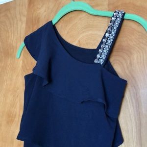 Navy w rhinestone shoulder strap girls dress